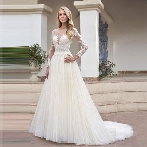 Elegant Sheer Scoop Neck Lace Appliqed Crystal Tulle A-line Wedding Dress 2020 robe de mariee Wedding Gowns Bride Dress