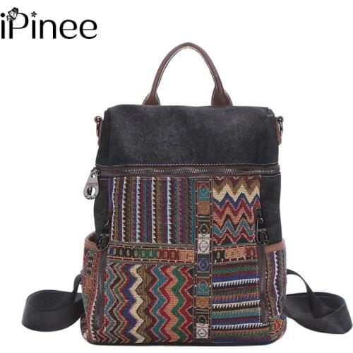 IPinee 2021 Women Denim Backpacks Girls School Bag Rucksack For Ladies Vintage Ethnic Style Travel Bagpack Backpack Bolsas
