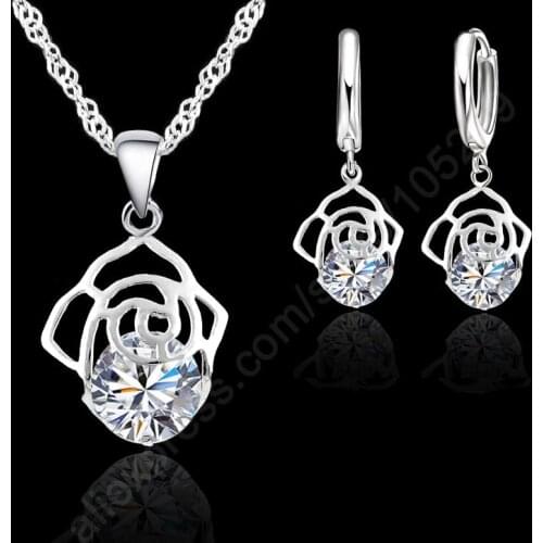 Grace Engagment Wedding Korea Flower 925 Sterling Silver Crystal Stone Pendant Necklace+Earring Jewelry Set For Woman