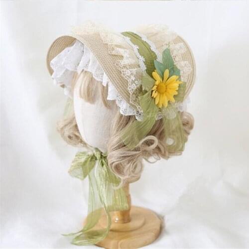 Lolita Tea Party Straw Hat Flat Hat Bonnet Mori Girl Women Princess Multi Layer Lace Flower BNT B1776