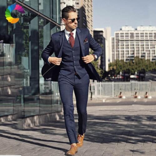 High Street Navy Blue Men Suits Wedding Custom Made Groom Tuxedo Slim Fit Groomsmen Blazer Masculino 3 Pieces Jacket Pant Vest