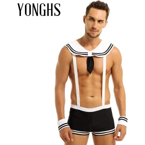 Mens Lingerie Sailor Sex Cosplay Costume Sexy Underwear Set Elastic Suspenders Boxer Briefs with Collar and Cuffs Rave Outfits