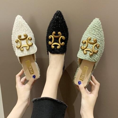 Suede Slippers Women Pointed Toe Slides Female Brand Metal Decorative Design Mules 2021 Summer Slip on Shoes Female Size 35-39
