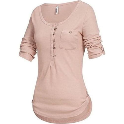 New Basic T Shirt Winter Autumn Women T-Shirts O-Neck Long Sleeve Top Casual Buttons Pockets Bottoming Tee Shirt Plus Size