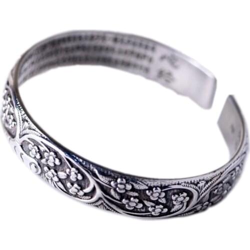 BOCAI 2021 New 100% s925 Silver Jewelry Retro Pattern wide Bracelet for Woman Fashion Woman Bracelet with Heart Sutra opening