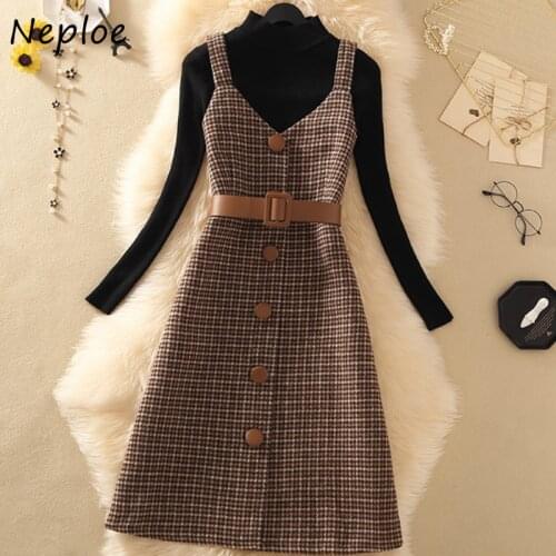 Neploe 2021 Autumn Winter New Suit Slim Fit Simple Sweaters + Chic Plaid Pattern Camis Dress with Belt Frensh 2 Piece Set