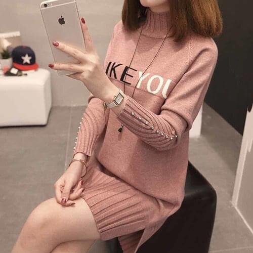 Autumn Winter Women Knit Sweater Pullover Half Turtleneck Long Sleeve Bead Mid-length Thick Warm New Jumper Sweater Dress