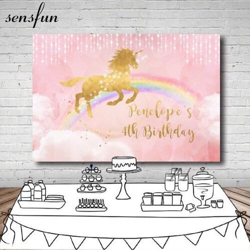 Sensfun Rainbow Gold Unicorn Party Backdrop For Photo Studio Pink Clouds Girls Birthday Party Photography Backgrounds 7x5FT