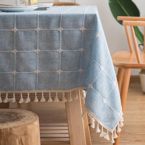 Japan Style Cotton Linen Tablecloth Pink Stripes Plaid Embroidered Rectangular Dining Table Cloth for Christmas Banquet Decor