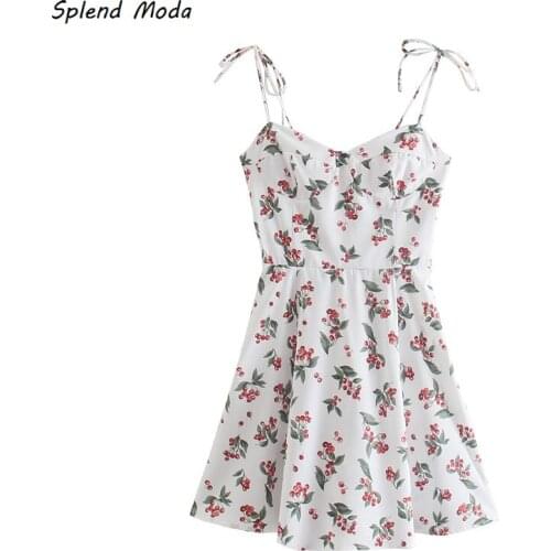 Splend Moda French Vintage Cherry Print Camisole Lace-Up Dress 2021 Summer New V-Neck High Waist Dress For Women Zipper Vestido