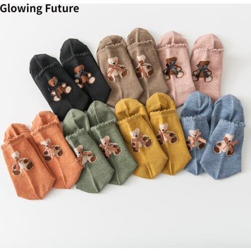 Glowing Future Woman Socks Cotton Bear Solid Color Fashion Cute Korean Style Ladies Sukka Kawaii Cartoon Autumn Winter Crew Sox