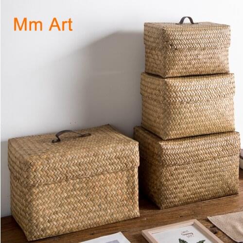 Thailand Seaweed Woven Storage Box Rattan and Bamboo Weaving Straw Woven Storage Basket Storage Box with Lid