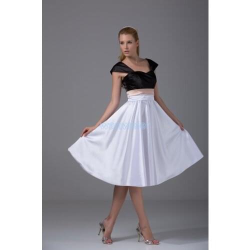 Free shipping prom formal gowns 2015 new sexy knee-length cap sleeve white and black satin dinner dress short Bridesmaid Dresses