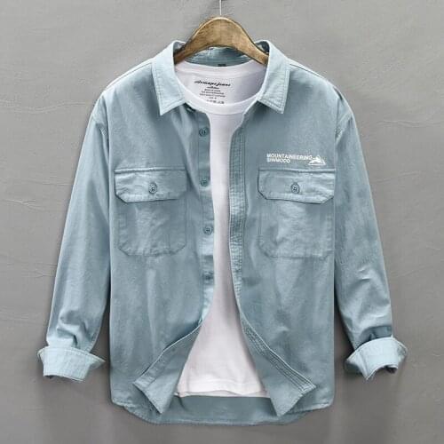 Japanese Style Vintage Fashion Men Shirts Big Pocket Long Sleeve Cotton Casual Shirt Men Overalls Printed Designer Hip Hop Shirt