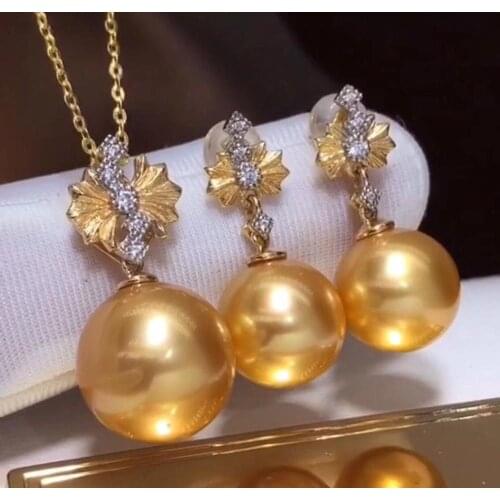 D123 Fine Jewelry 18K Gold Natural Ocean Sea Golden Pearls 13-12mm Females Jewelry Sets for Women FIne Jewelry Sets