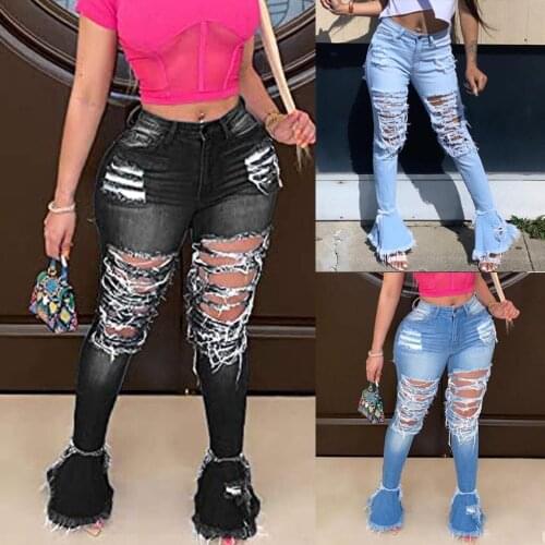 SAGACE Womens high waisted stretch casual torn hole made old flared jeans summer new versatile fashion pants pantalon femme