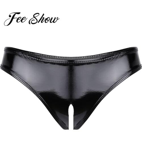 Womens Latex Crotchless Panties Sexy Lingerie Wet Look Patent Leather Open Crotch Leather Underwear High Cut Mini Bikini Briefs
