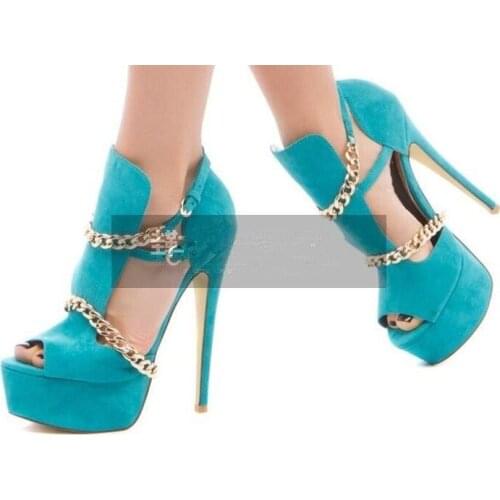 Solid Color Cut-outs Woman Pumps Gold Chains Decor Purple Blue Suede Super High Heels Peep toe Platform High Dress Shoes Women