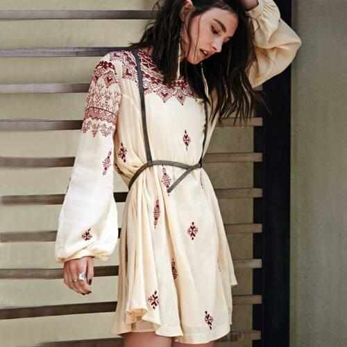 Womens Flower Embroidery Boho Dress Mini Robe Backless Long Sleeve Vintage Hippie Chic Style Holiday Bohemian Female Clothing
