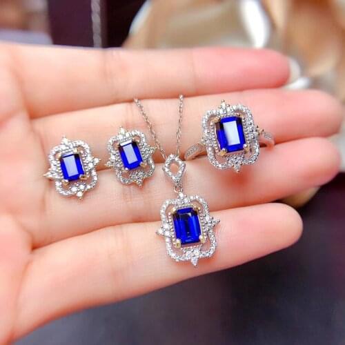 100% Natural Real Sapphire Set Natural And Real Sapphire Jewelry set 925 sterling silver 1pc Ring,1pc Pendant,2pcs Earring