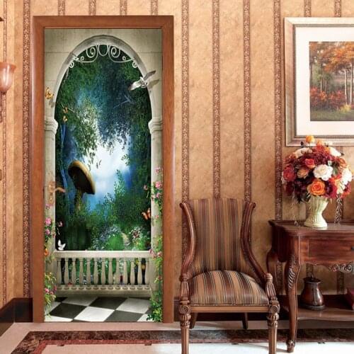 2 Pcs /set Colourful Mushroom forest Door Sticker Wallpaper Wall Sticker Mural Bedroom PVC Waterproof Home Decor Poster