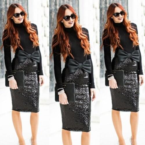 2017 Elegant Pencil Black Sequins Skirts With Chic Bow Sexy Invisible Zipper Waist Knee Length Skirts For Office Ladies Custom