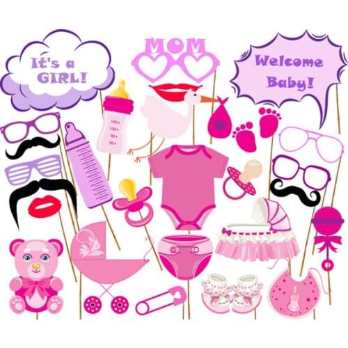 27pcs Its a Girl Baby Shower Party Decorations Welcome Baby Photobooth Props Pink Party Supplies