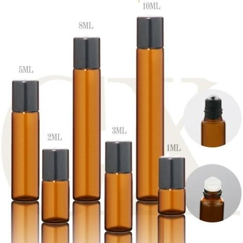 5pcs Amber Roll on Roller Bottle for Essential Oils Refillable Perfume Bottle Deodorant Containers with Black Lid 3ML 5ML 10ML