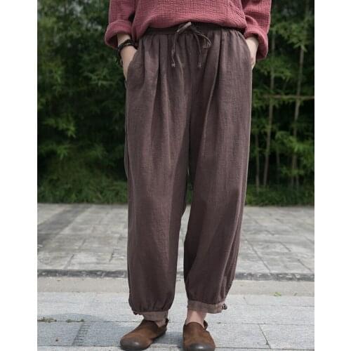Women Vintage Cotton Linen Solid high Waist Wide Leg Pants Ladies Casual Loose Elastic Waist Sashes Ankle-Length Long Trousers