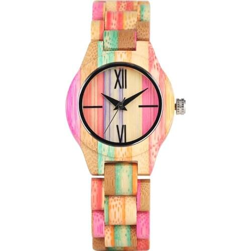Womens Wood Watch Creative Sunshine Rainbow Colorful Bamboo Case Watches Lightweight Quartz Wristwatch for Ladies