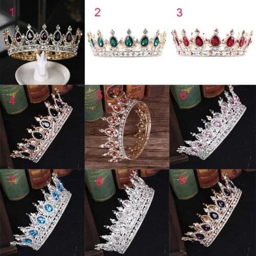 FORSEVEN Royal King and Queen Princess Tiara Crown Bride Wedding Hair Jewelry Blue/Red/Gold Color Crystal Round diadema