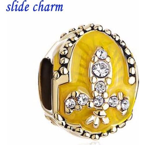 Slide charm Free shipping white crystal tulip yellow enamel gilt egg charm beads fit Pandora bracelet