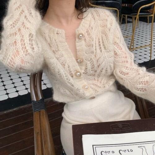 Beege Knitted Cardigan Women Sexy Hollow Out Soft Sweater Korea Elegance Office Lady Style Sweater Knitted Cardigan Jumpers Thin