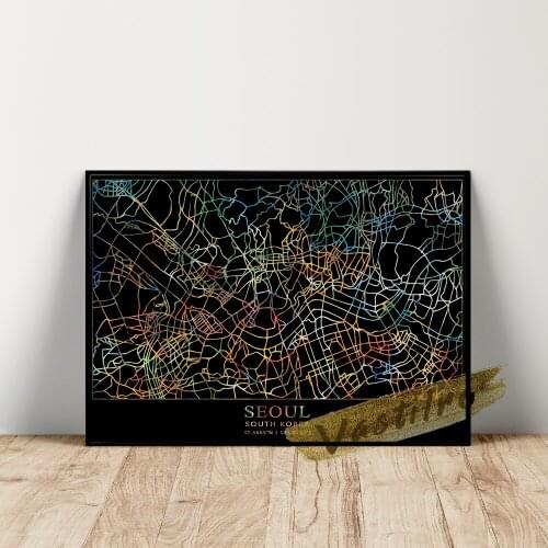 World City Map Poster, Seoul Geography Location Art Prints, Black Color Line City Wall Art, South Korea Capital Wall Painting