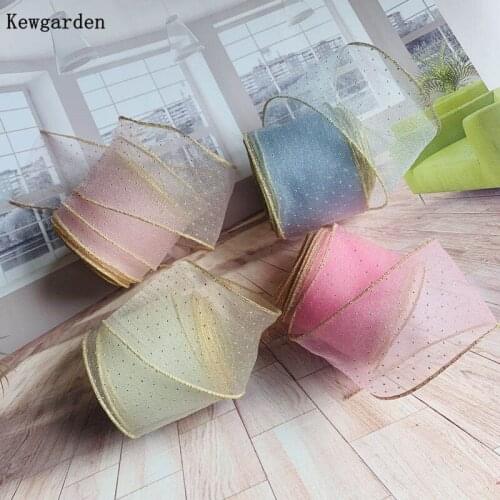 Kewgarden DIY Hair Bow Accessories Handmade Tape Carfts 7CM Gold Dot Edge Voile Ribbons Gift Packing Wholesale 22 Yards