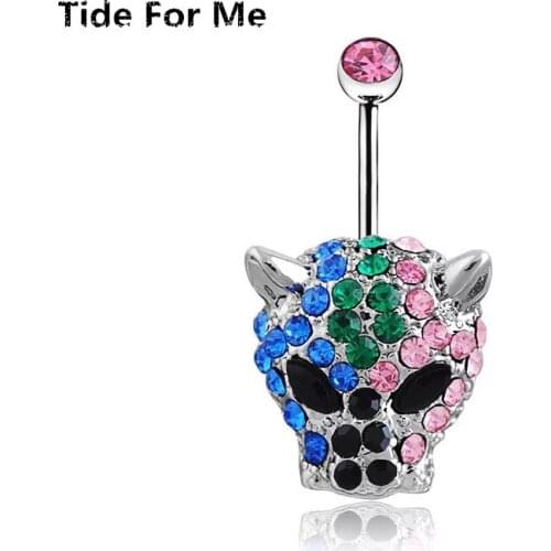 New Surgical Steel Animal Leopard Head Dangl Navel Rings Colorful Black Crystal Belly Button Ring Navel Piercing Gifts Jewelry