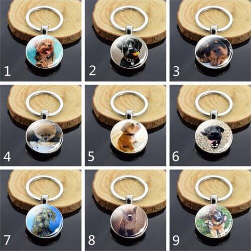 Cute Dog Double Side Glass Dome Dog Lover Gift Metal Car Keychain Keyring Pet Key Rings