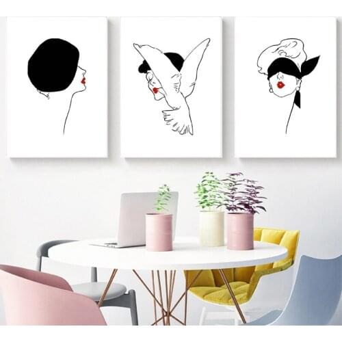 Wall Art Canvas Painting Fashion Triptych Posters Print Black and White Line Art Minimalist Picture Girls Living Room Home Decor