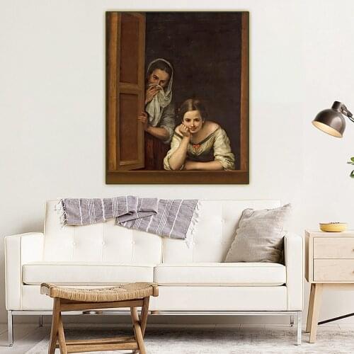 Holover Murillo"Two Women At A Window"Western Art Decor Poster Canvas Oil Painting Aesthetic Home Decoration