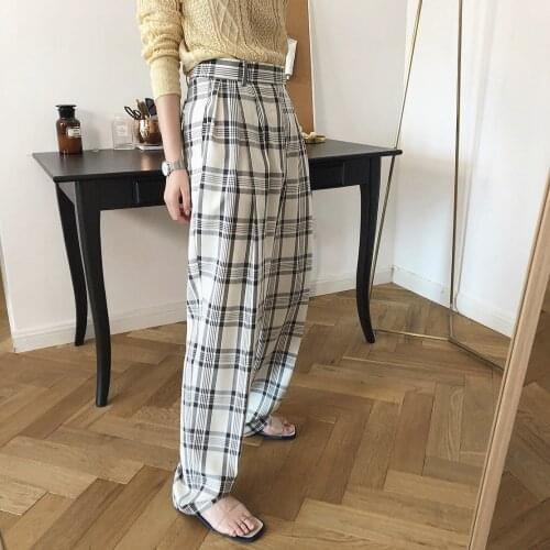 2021 summer new lazy and straightforward fashion high-waist plaid trousers loose and thin thin casual pants