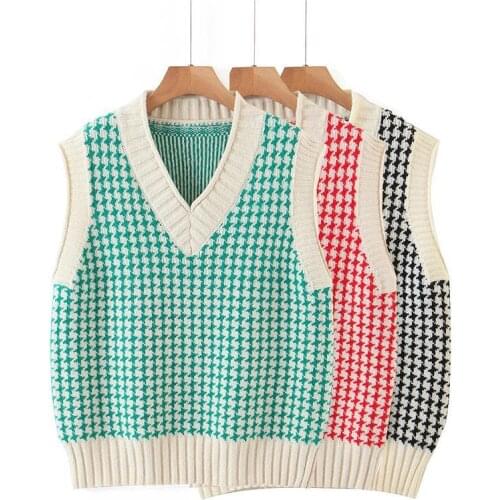 Autumn Women Lattice Vest Sweater Knitwear Loose All-Match Short Pullover Sleeveless Waistcoat Ladies Top TT0119