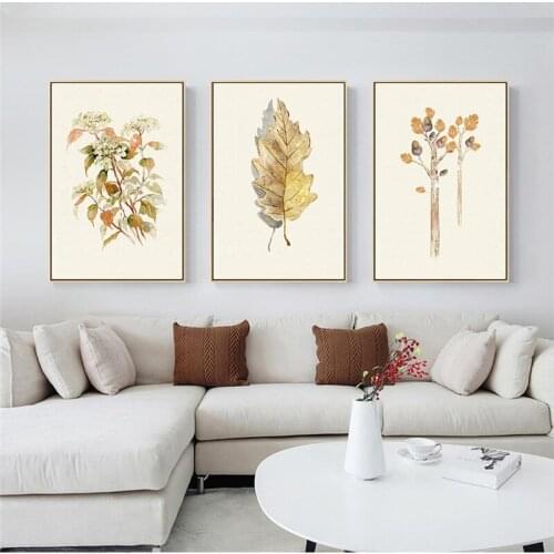 Scandinavian Yellow Plant Leaves Poster Nordic Watercolor Decorative Picture Wall Art Canvas Painting Minimalist Home Decor