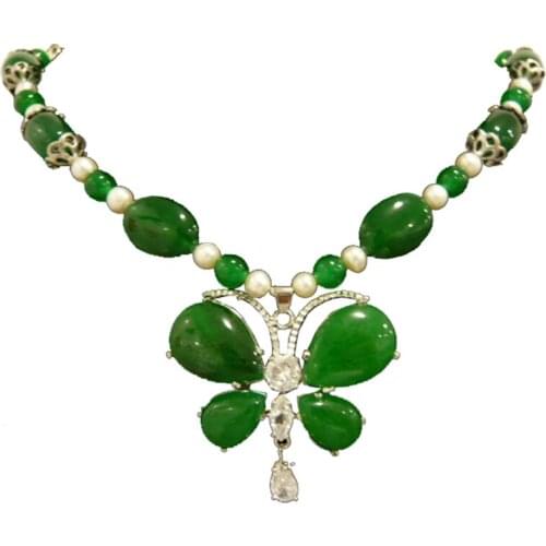 Luxury Party Evening Wedding Jewelry Choker Necklace Green Stone White Pearls Leaf Butterfly Pendant For Women Girls 6-7mm Beads