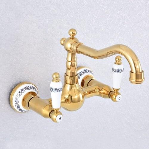 Luxury Gold Color Brass Wall Mounted Swivel Spout Bathroom Sink Faucet Double Handle Mixer Tap Wall Mounted Nsf611