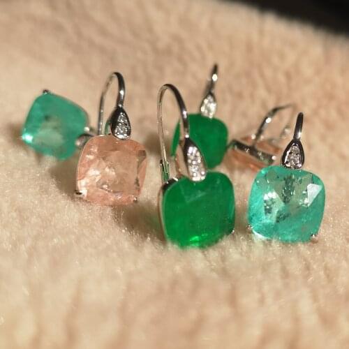Woman Sterling Silver Cushion cut 12*12 Lab Tourmaline Pariba Morganite Emerald Hanging Earrings with large green stone jewelry