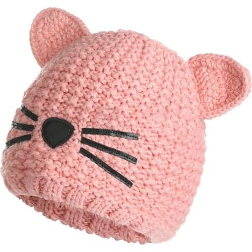 H7520 Fall Winter Children Knitted Beanie Hat Baby Double Thick Warm Wool Cap Boys Girls Cat Ears Cartoon Sweet Skullies Hats