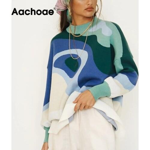 Aachoae Autumn Women Chic Printed Sweaters Vintage Batwing Long Sleeve O Neck Jumper Tops Female Fashion Casual Sweaters
