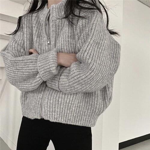 Sweaters Women Solid O Neck Puff Long Sleeve Zipper Cardigan Cropped All-match Grey Knitted Coat Loose Outwear Top Pull Femme