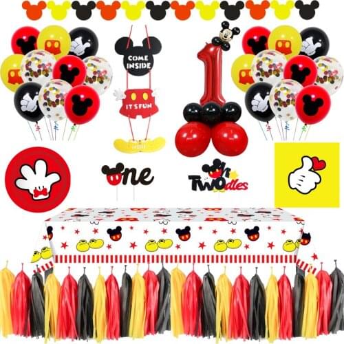 Mickey Mouse Birthday Party Decorations Disposable Plate Napkin Cup Tablecloth Birthday Banner Balloon for Kids Party Supplies