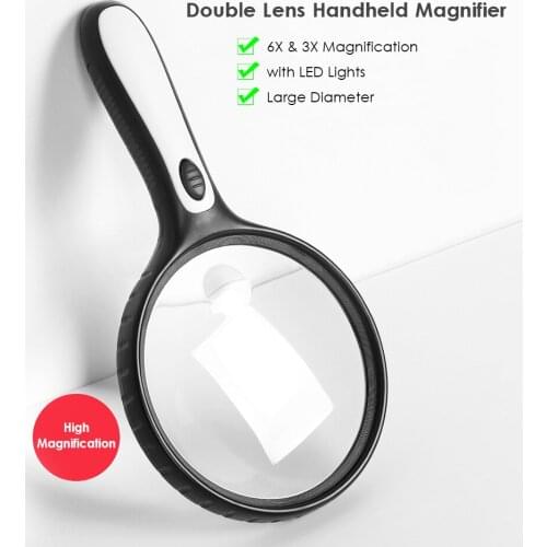 Double Lens Magnifier 6X 3X Handheld Magnifier Magnifying Glass Len Large Diameter Lighted Magnifier with LED Lights for Reading